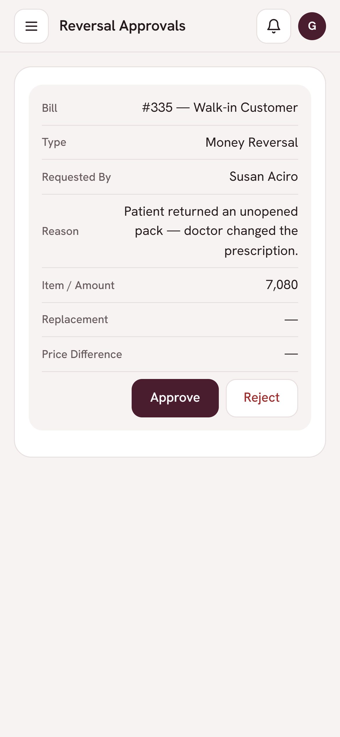 A refund request with Approve and Reject buttons, on a phone